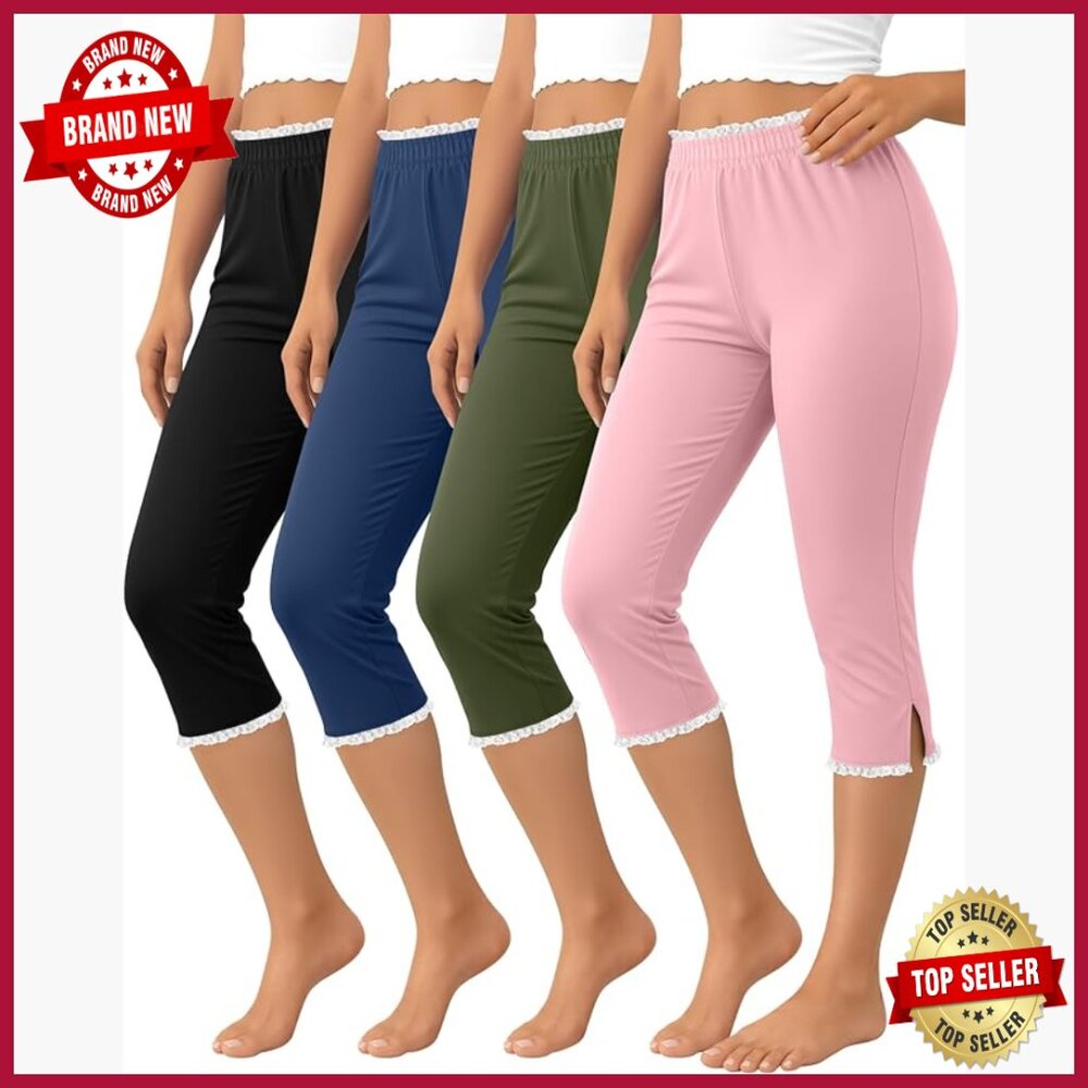 4 Pack Women's Lightweight Capri Leggings With Lace Trim Side Slit Stretch Pants